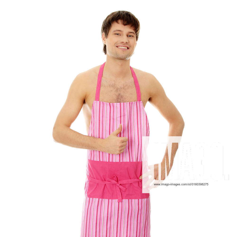 Naked man wering pink apron. Isolated on white., model released, , 2021499,  adult, apron