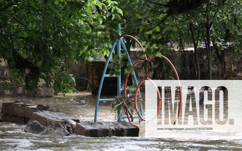 CRIMEA, RUSSIA – JUNE 27, 2022: A flooded playground at an orphanage ...