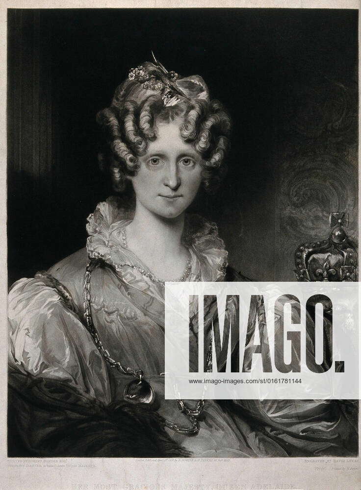 Queen Adelaide, wife of King William IV, seated; crown in the