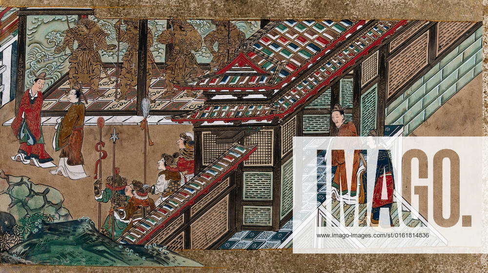 Two Chinese nobles arrive at a palace complex, the vestibule of which