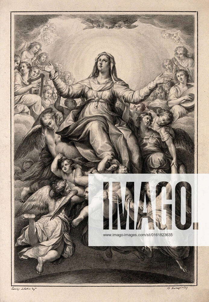 The Virgin Mary is borne upwards to a heaven crowded with angels