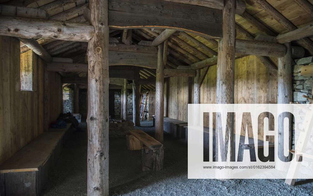 Interior one reconstructed Vikings longhouse, Heroldswick, unst ...