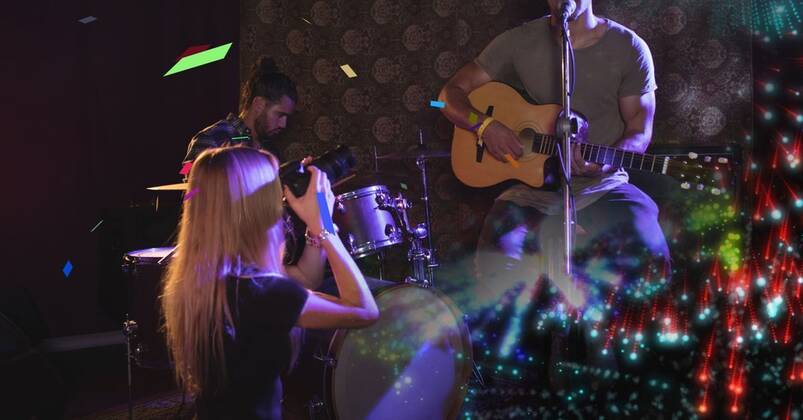 Band playing at concert with transition Digital composite of band ...