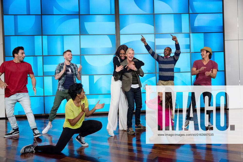 First Lady Michelle Obama hugs Ellen DeGeneres after they perform a ...