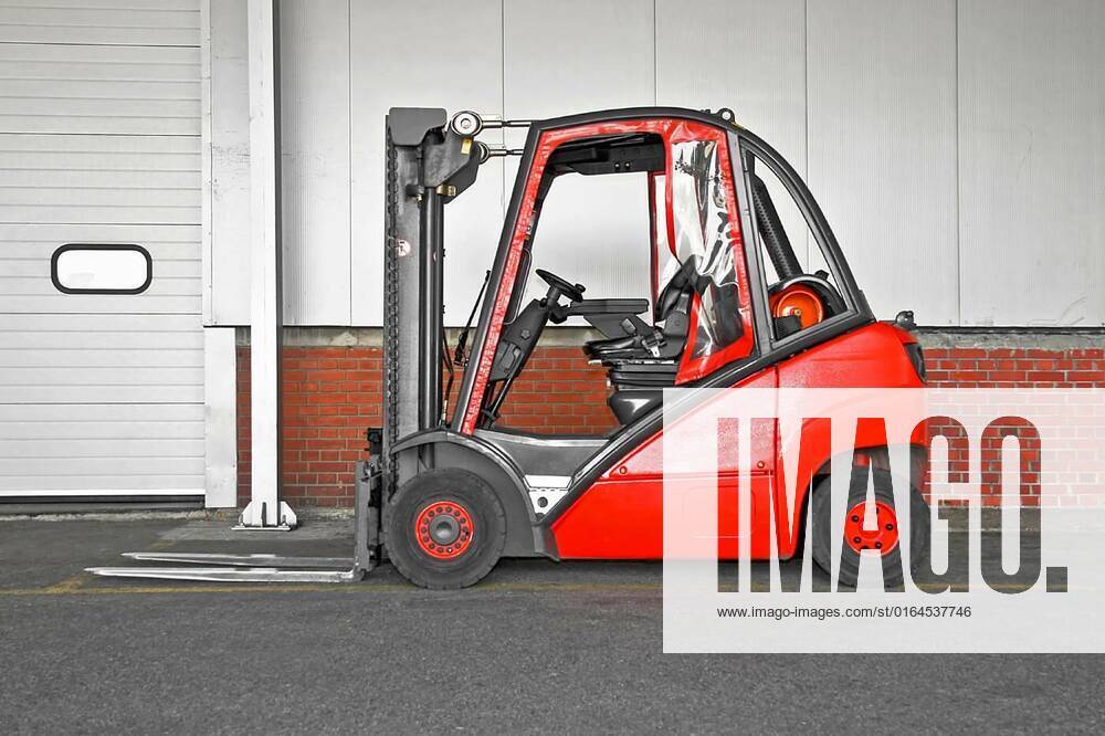 Big forklifter, Big red fork lifter truck in storehouse, Big red fork