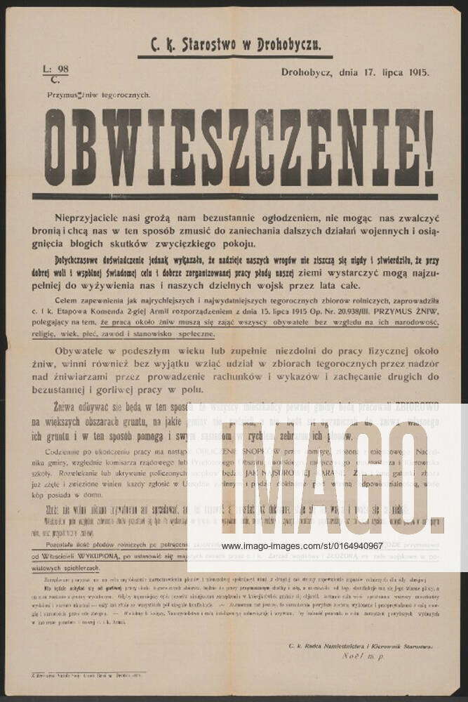 Harvesting for the year 1915 Announcement Drohobycz in Polish Language Regulation of the 2nd