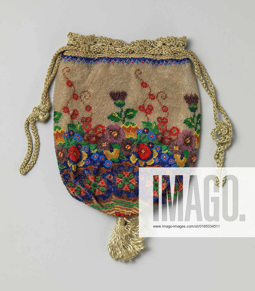 Pouch, woven with a pattern of multicolored flowers of beads, with a ...