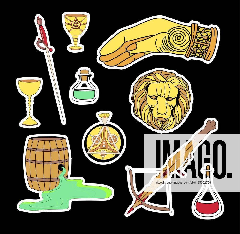 Magic stickers. Wild fire, crossbow, old scroll. The head of a golden ...