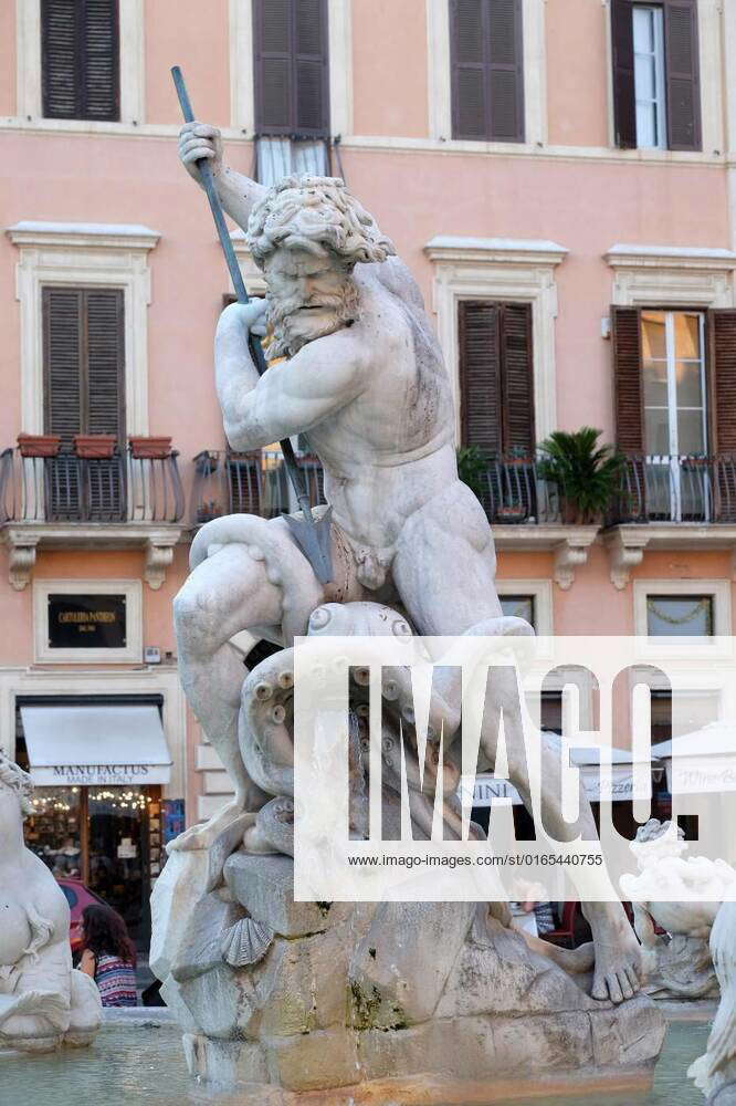 Piazza Navona Neptune Fighting With An Octopus Statue In The Fountain Of Neptune In Rome Italy