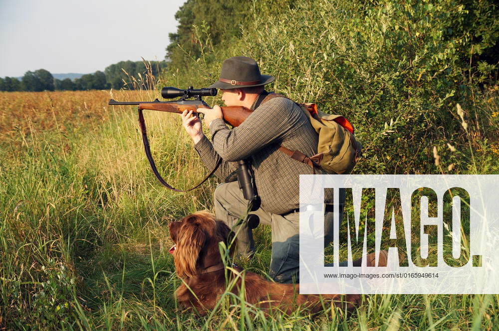 Hunter with hunting dog Hunter aims at game The hunter in the hunting