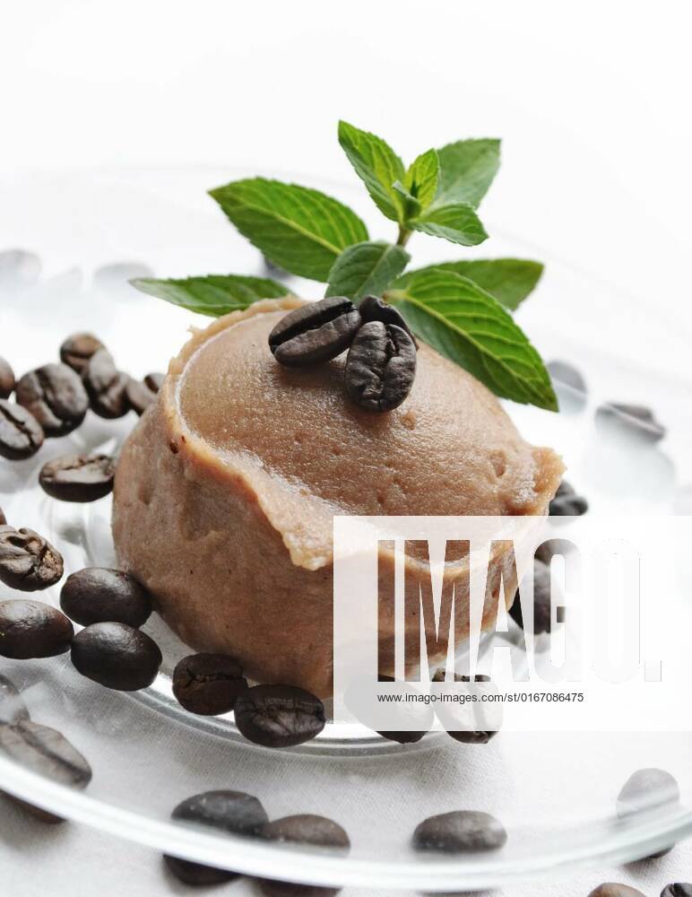 Ice cream, Ice cream decorated with fresh mint and coffee beans, Ice