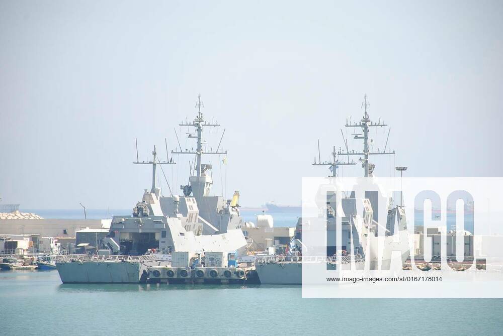 Israeli battle ships in harbor of Haifa. Two Sa ar 5 class missile ...