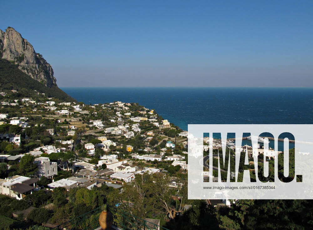 Panoramic view from city of Capri toward beautiful Marina Grande on ...