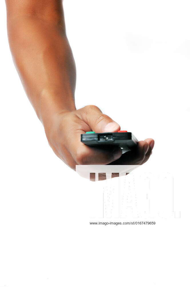 Male hand holding a remote controller isolated on white background ...