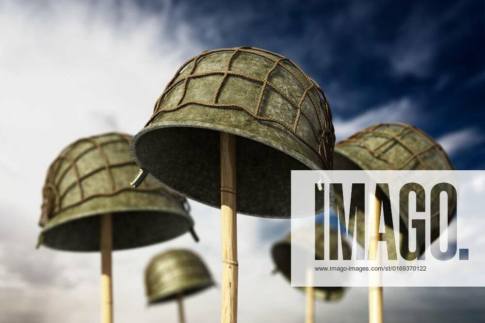 World War II helmets against blue sky. 3D illustration, World War II ...