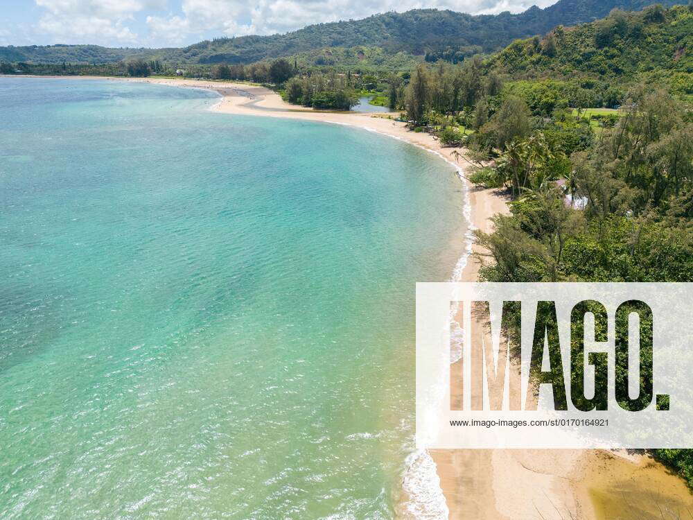 Aerial view of Hanalei beach Waioli Beach Park, Hanalei bay, Kauai