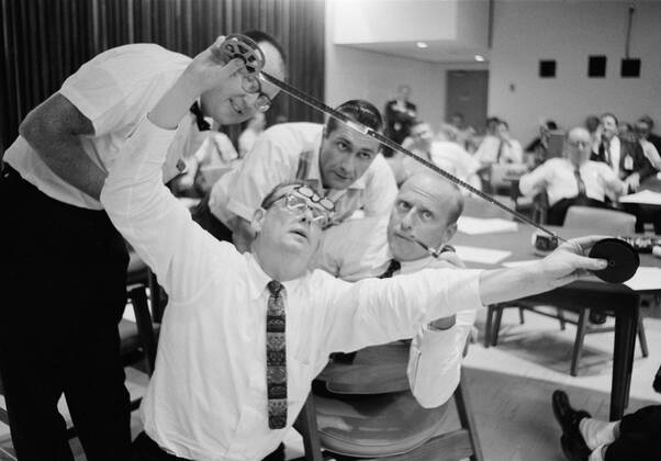 (23 Sept. 1966) --- Astronauts Charles Conrad Jr. (with pipe) and ...