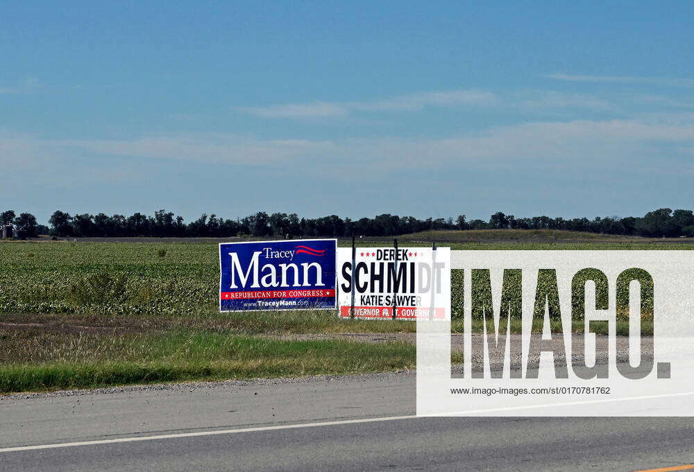 September 19, 2022, Galva, Kansas, U.S Political campaign signs posted at edge of drive leading to