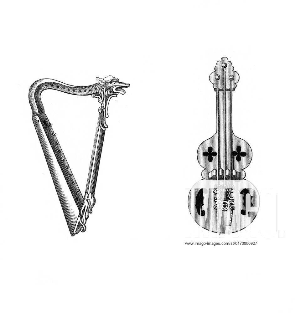 Musical instruments, 12th century, (1843). A harp and a guitarshaped