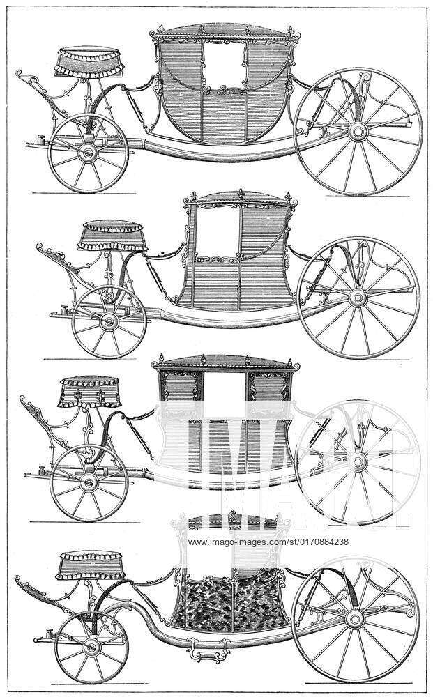 Carriages, 1885. Four 18thcentury coaches. The classic definition of a carriage is a fourwheeled