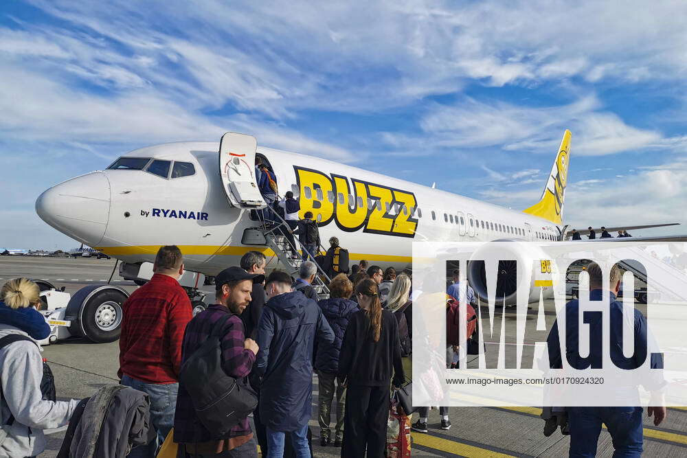 European Airports Passengers are boarding Buzz airplane at Charleroi