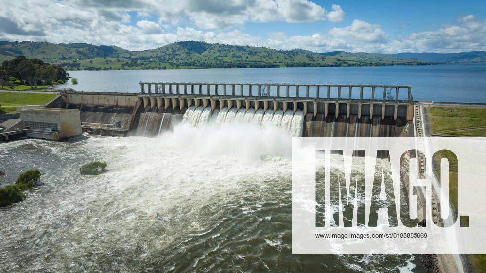 NSW FLOODS, An aerial view of the Hume Dam spilling with 12 gates open ...