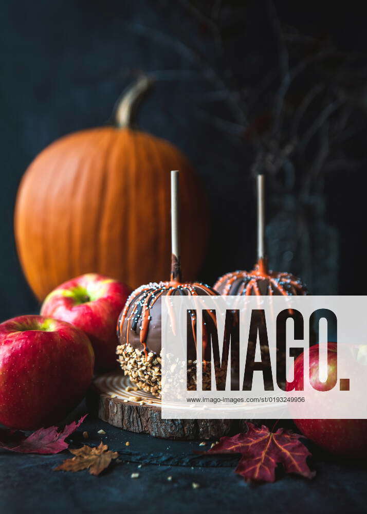 Close up of chocolate caramel candy apples for Hallowe en. Kingston