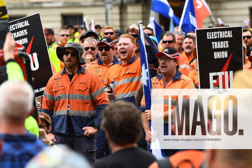 QLD CFMEU WAGES POLICY RALLY, Union workers chant as they stand in ...