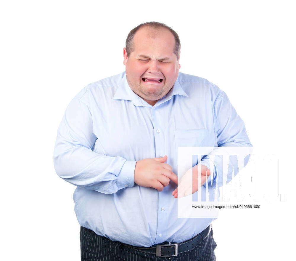 Unhappy Fat Man in a Blue Shirt, isolated, model released, , 6483558, fat  man, unhappy, crying