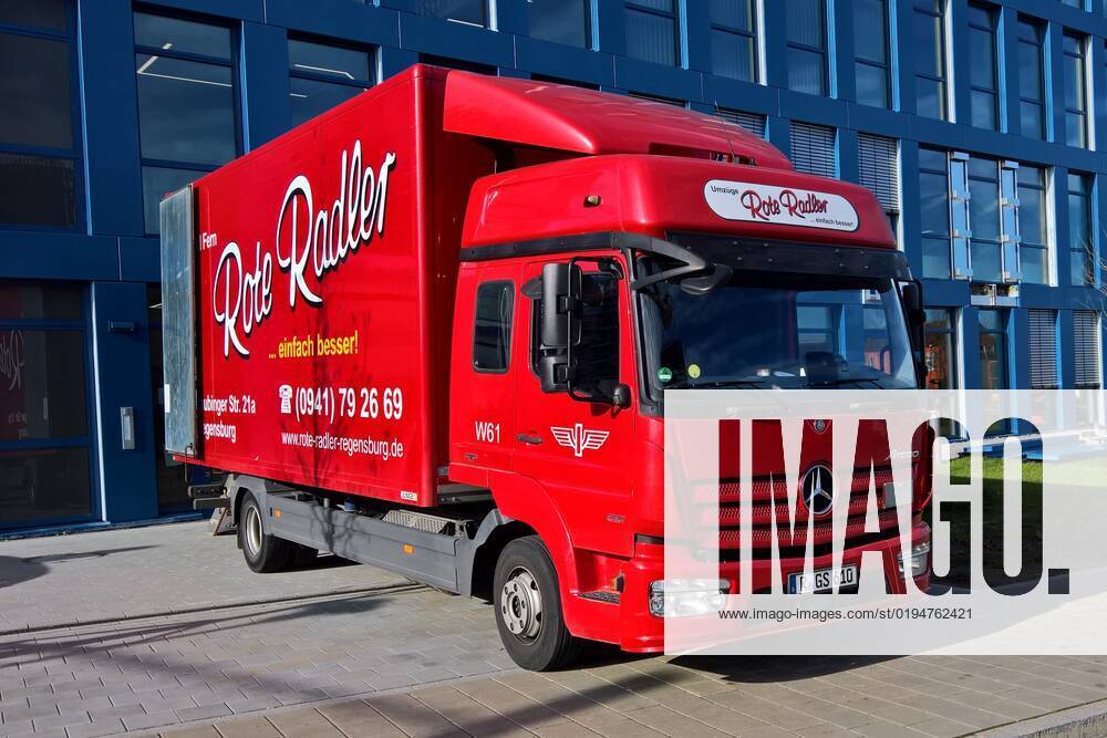 Mercedes truck Atego with boy box body Rote Radler, company for moving