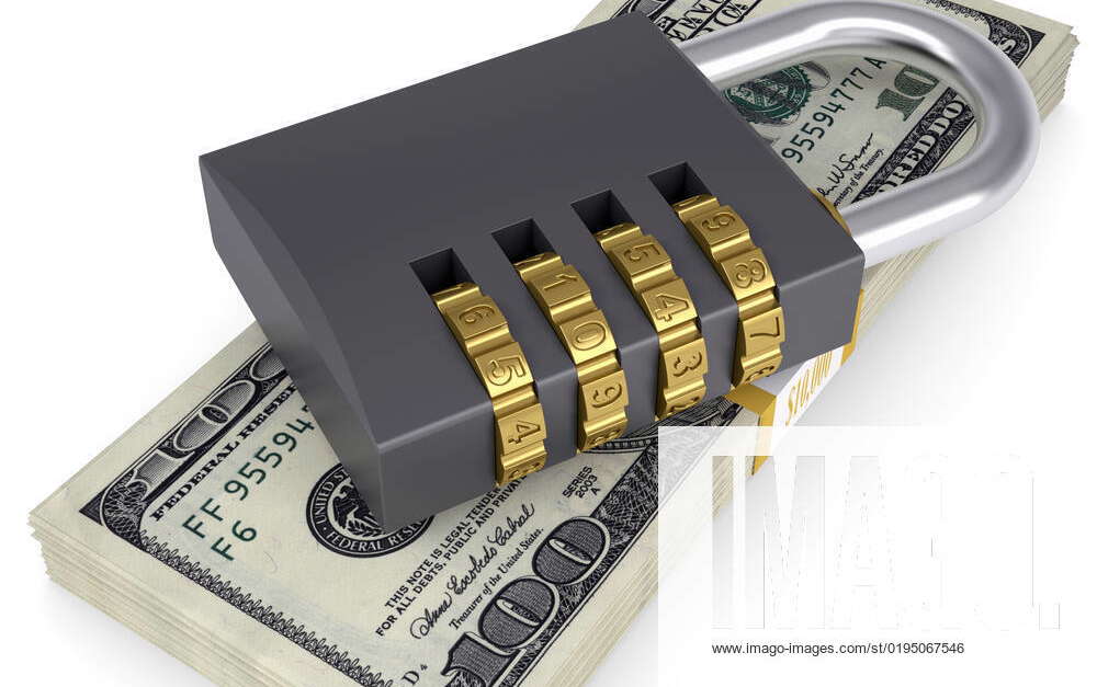 Combination lock on a pack of dollars. Isolated render on a white