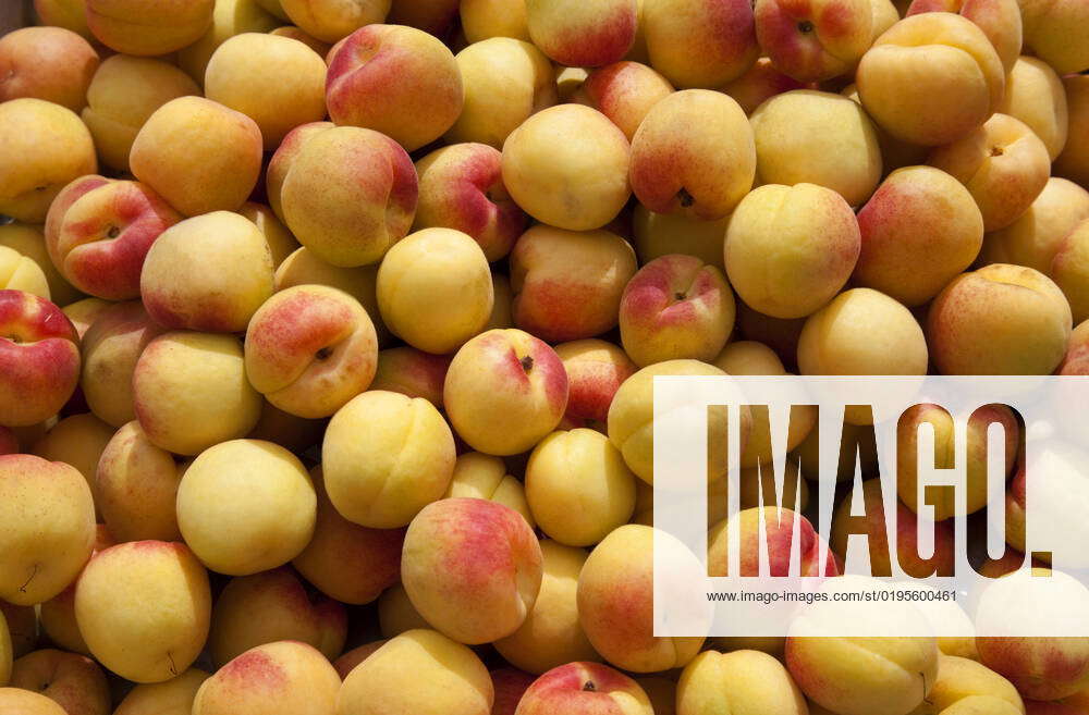 Selection of freshly picked peaches on a market stall in southern Spain