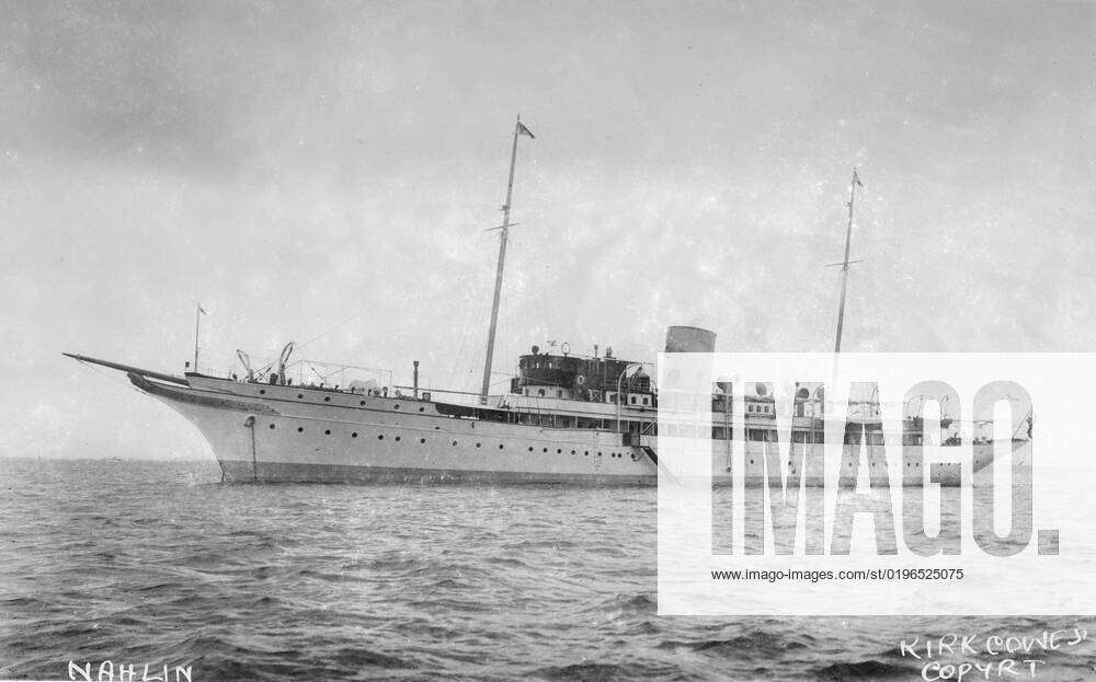 The luxury steam yacht Nahlin at anchor. Creator: Kirk & Sons of Cowes