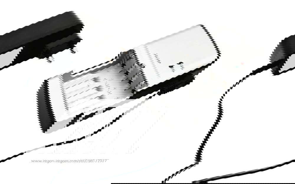 Closeup image of AA AAA accumulator battery charger, plug and cord
