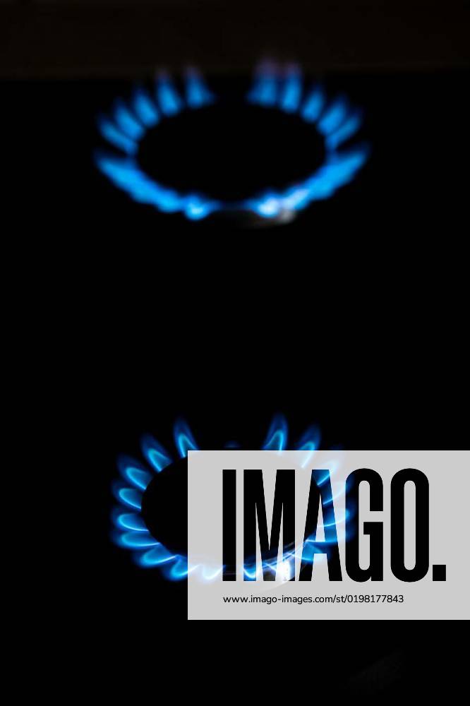 Closeup shot of blue fire from domestic kitchen stove top. Burning gas