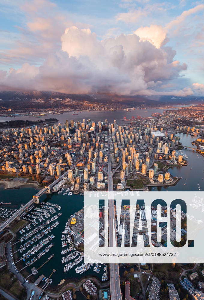 False Creek Downtown Vancouver Sunset Skyline Aerial Vancouver, British ...