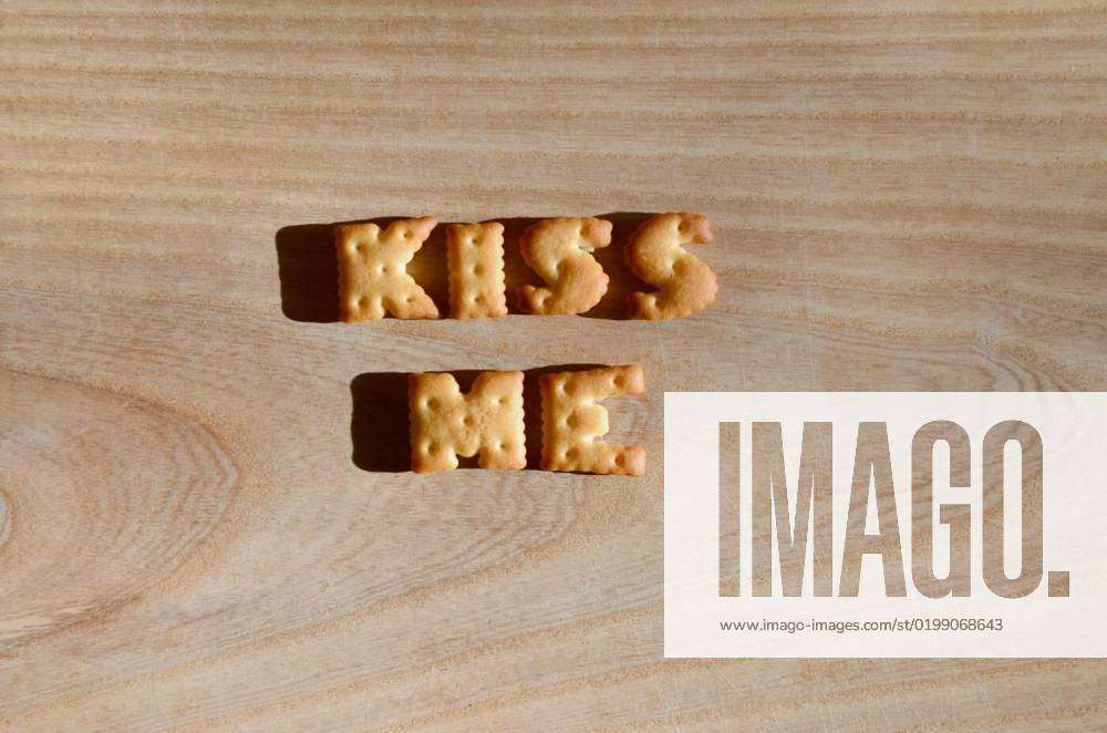 Kiss me. Heap of edible letters, Kiss me. Text from the salty crackers as  printed English