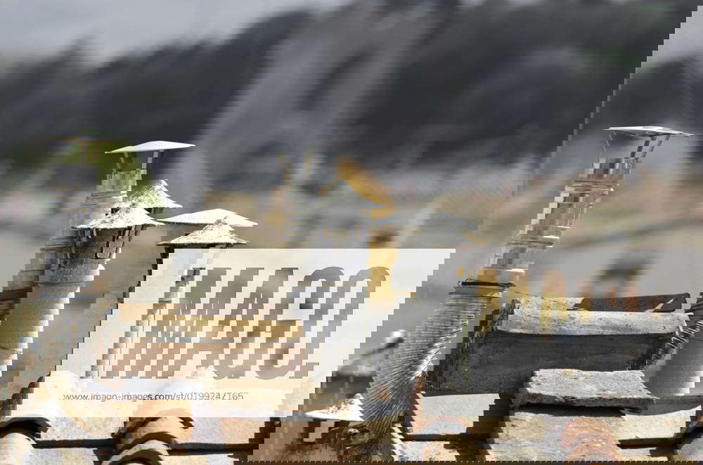 Authentic house roof with lots of tile, vent chimney and boiler vent