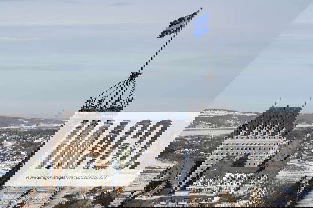 January 18, 2023, QUEBEC, PQ, Canada The Quebec Fleurdelis provincial flag flies on top of the