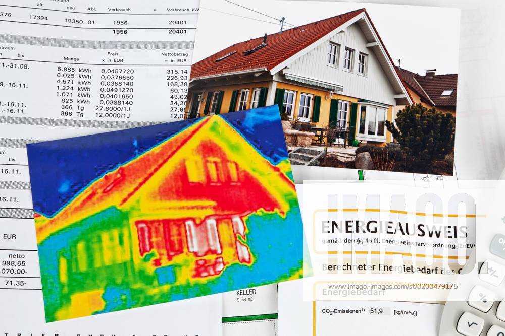 Photo one family house, Thermal image and energy certificate, Energy ...