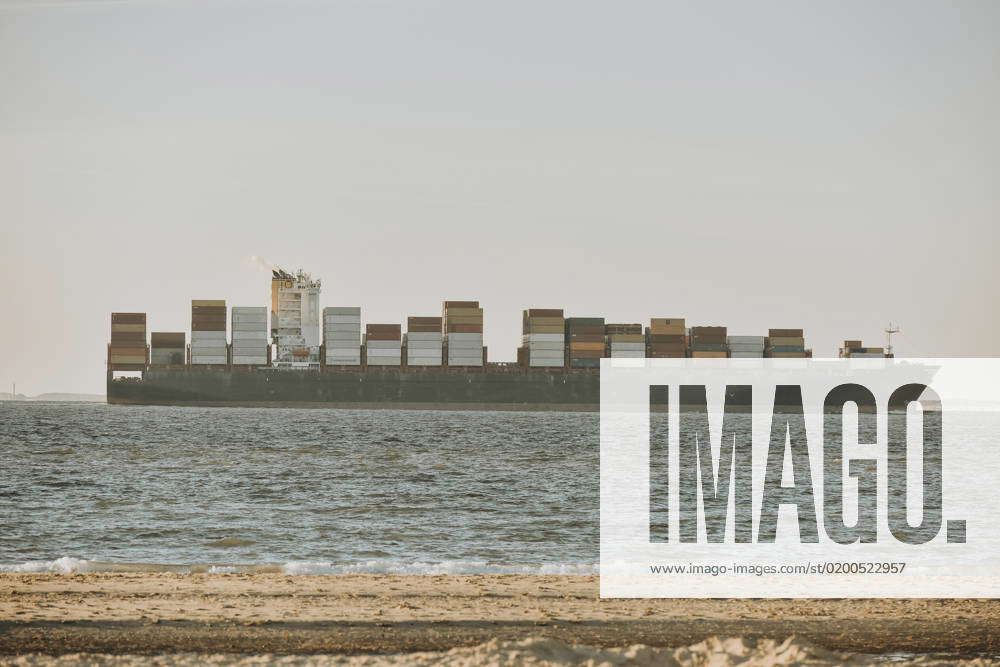 Netherlands Zeeland Groede Container Ship With Beach In Foreground