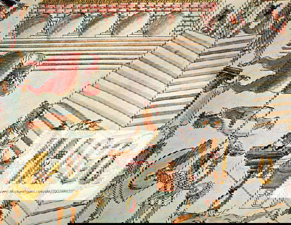 Illustration of Aztec priests leading human victims up the steps to the