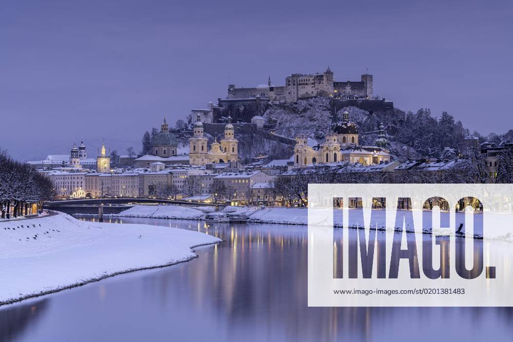 Winterly Salzburg with Fortress high Salzburg, Blue Hour, Salzach ...