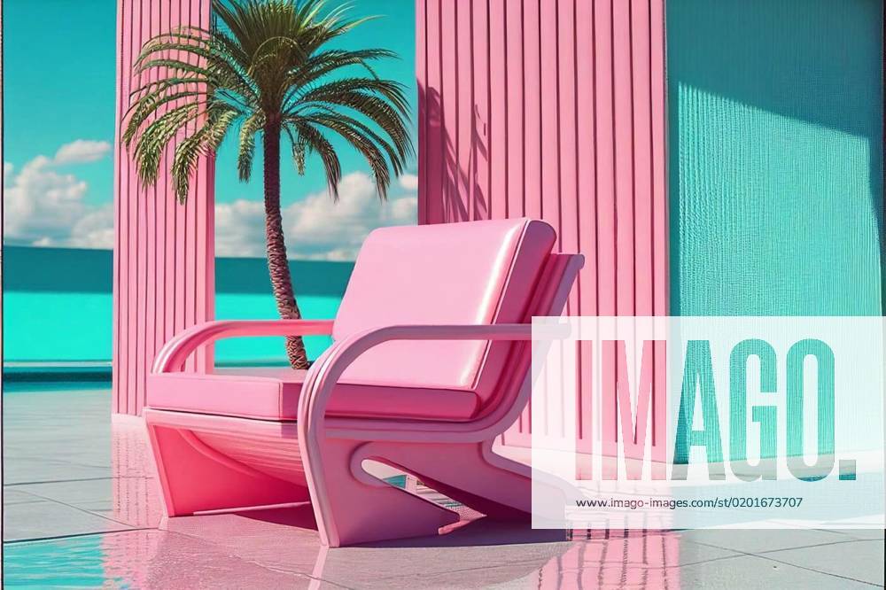 Pink lounge chair near swimming pool on luxury resort. 80s pop style