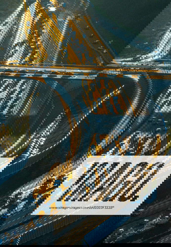 Aerial view, freeway A448 and bridge Universitätsstraße, traffic jam in