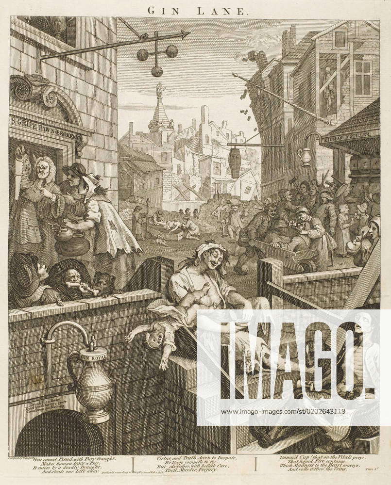 Hogarth - Gin Lane Political print of Gin Lane supporting a ministerial ...