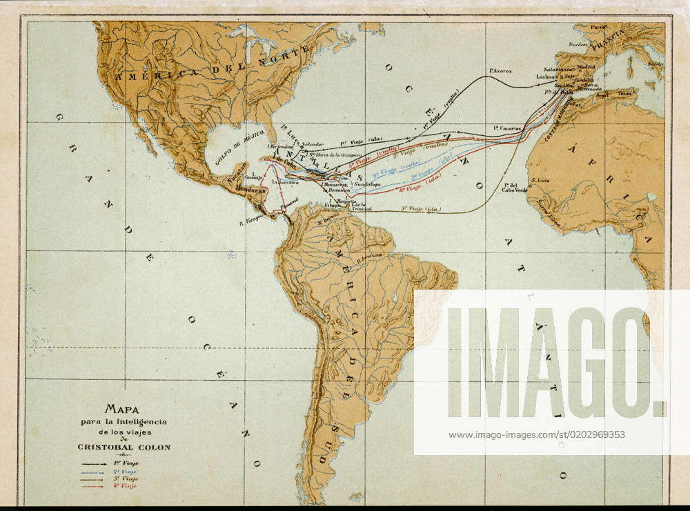 The Four Voyages of Christopher Columbus A map showing the four voyages ...