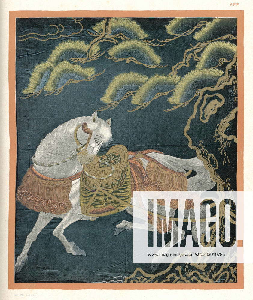 JAPANESE HORSE A horse tied to a tree an embroidered fukusa , a kind