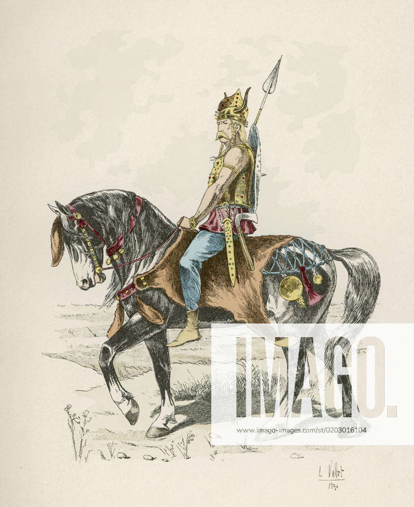 ANCIENT GALLIC RIDER A chief of ancient Gaul, mounted on a horse with ...