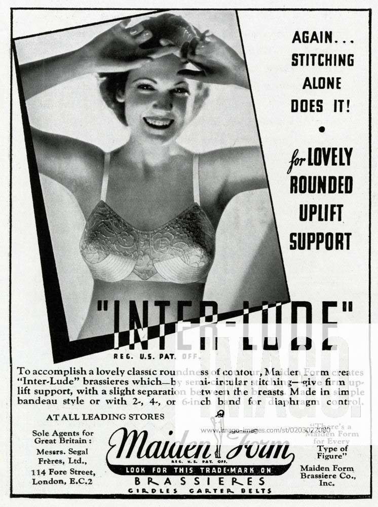 Advert for Maiden Form bra with uplift 1936 For lovely rounded uplift  support . Inter-lude . To
